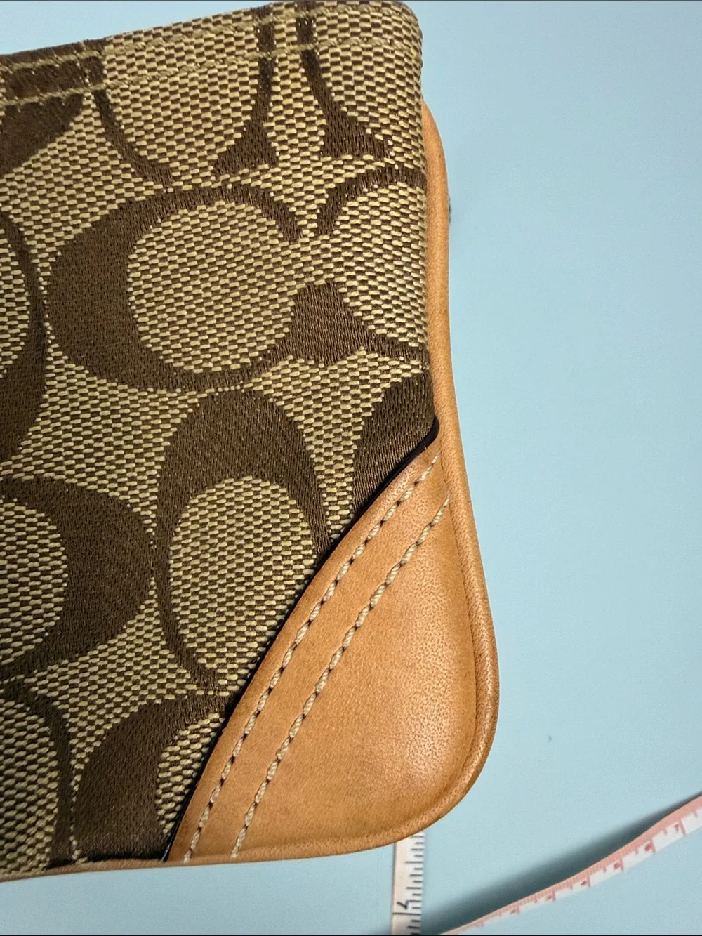 Coach Brown Signature Canvas Wristlet with Tan Leather Accents
